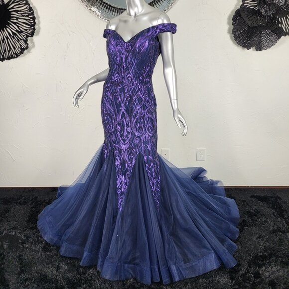 NWT~$695~AVA PRESLEY~8/10~NAVY PURPLE SEQUIN MERMAID PROM PAGEANT FORMAL DRESS - Picture 9 of 16